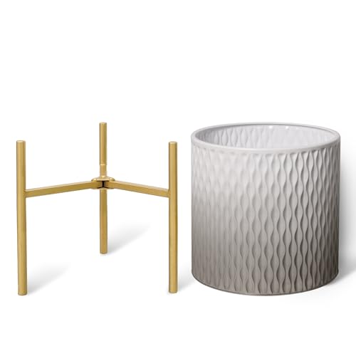 ARNIS Plants Pots with Stand,Set of 2 Flower Pots, Unique Mid Century Decorative Metal Flower Pots with Drainage,10.5&12.25 Inch, Grey and White